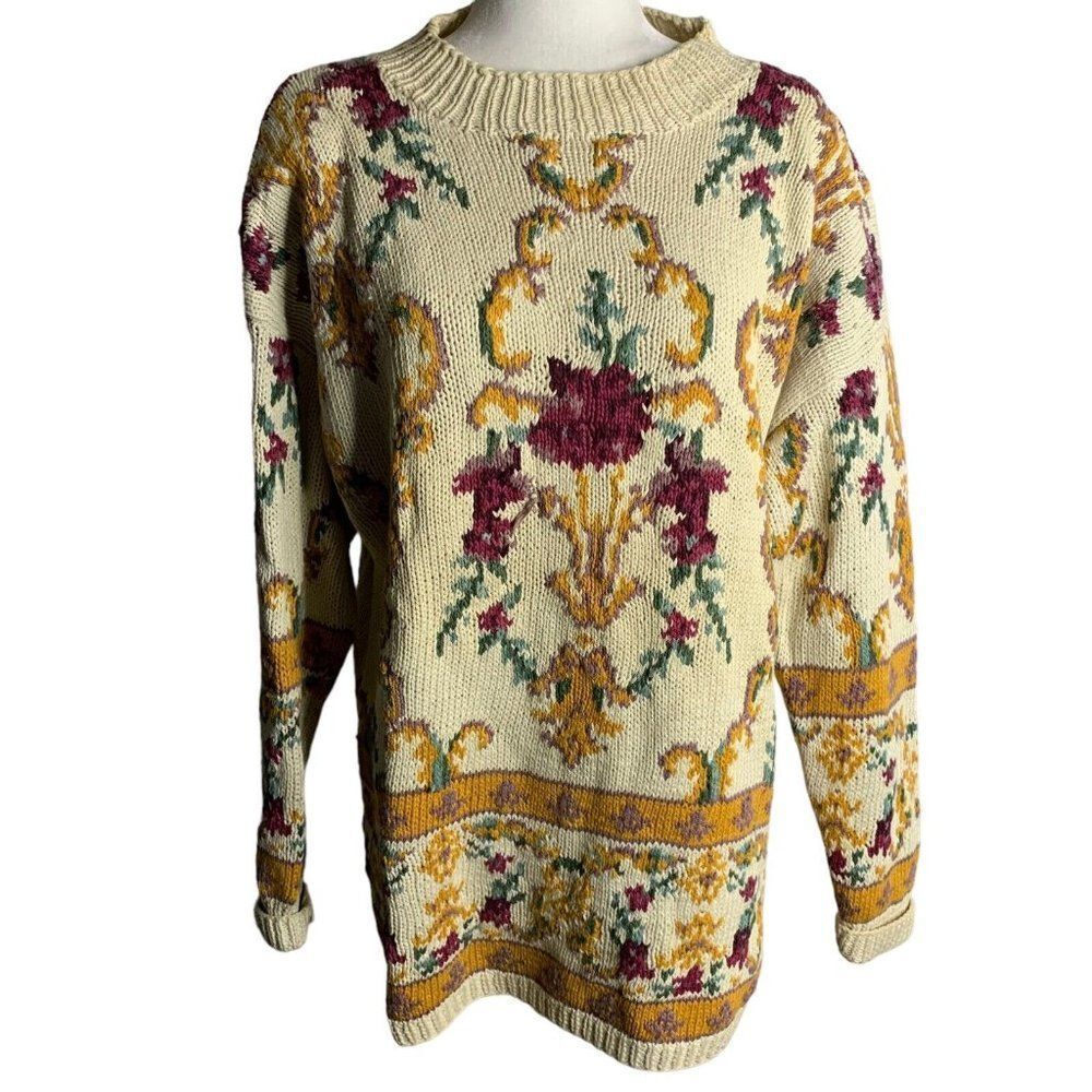 Vintage 90s Express Handknitted Sweater L Cream Floral Mock Neck Shoulder Pads